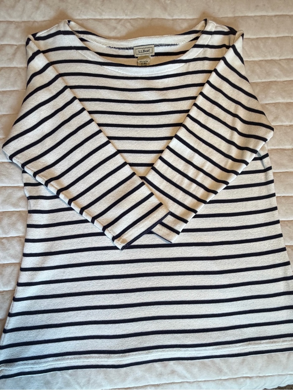 L.L. Bean Cream and Navy Striped Crewneck Sweater